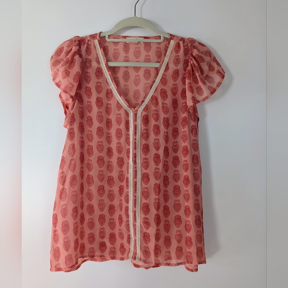Maison Jules Owl Print Blouse – Sheer Pink – Size M 🦉✨